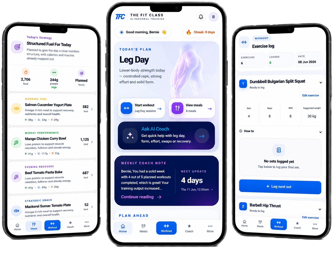The Fit Class app dashboard, meal plan and workout log previews