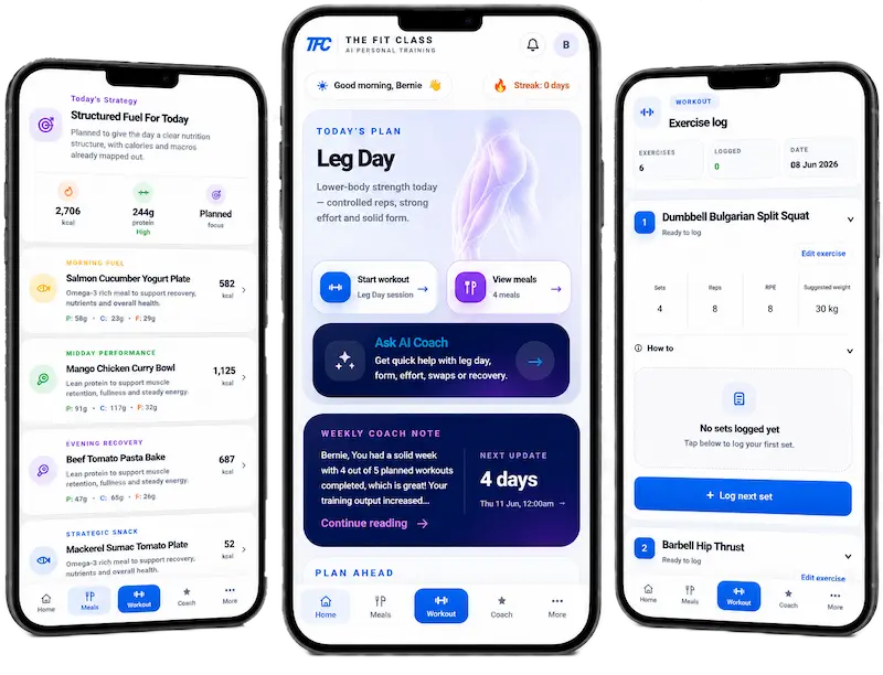 The Fit Class AI app showing meal plans, weekly coaching and workout tracking